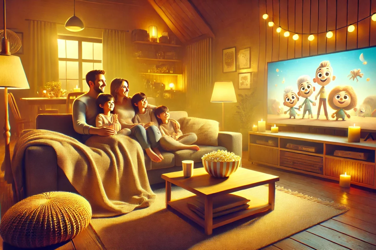 Cozy living room with a family sitting on a couch, enjoying a movie night together; the TV displays a cheerful animated scene. The room is warmly lit, featuring a coffee table with a bowl of popcorn, soft blankets, and happy expressions on the family members’ faces, creating a relaxed and joyful atmosphere.