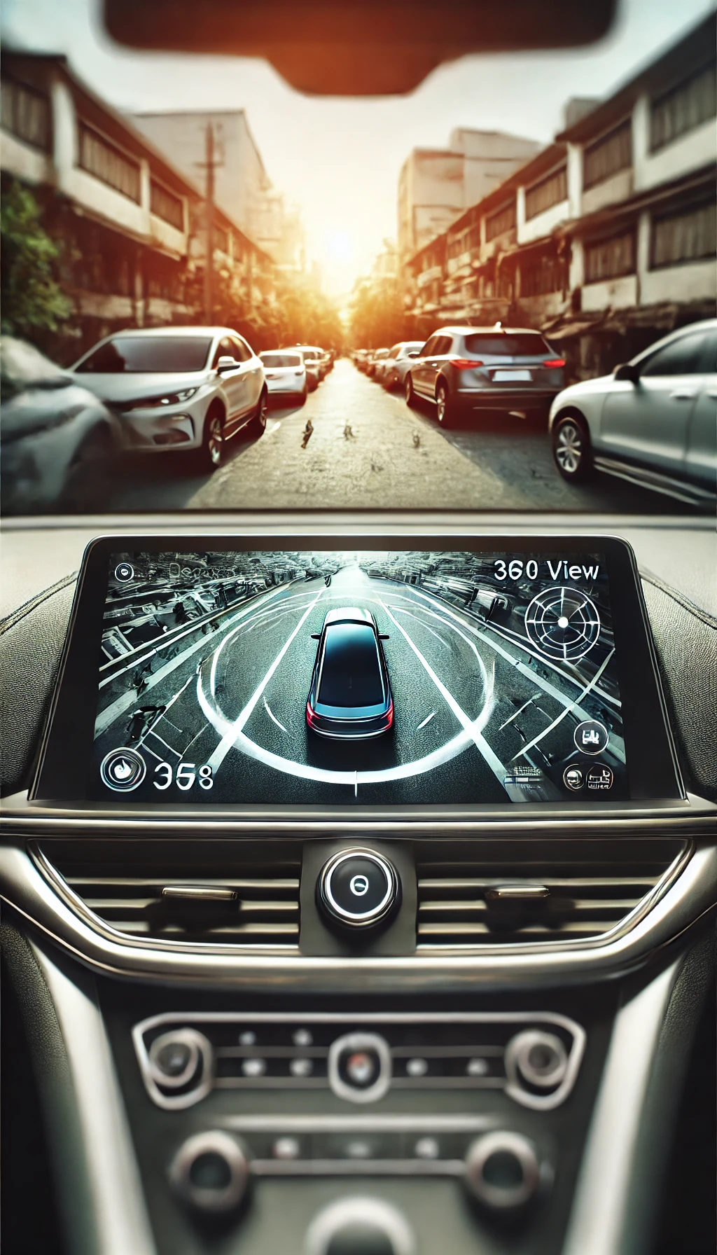 A car’s dashboard screen displaying a 360-degree bird’s-eye view while parking in a busy lot, highlighting the clear and detailed visuals.