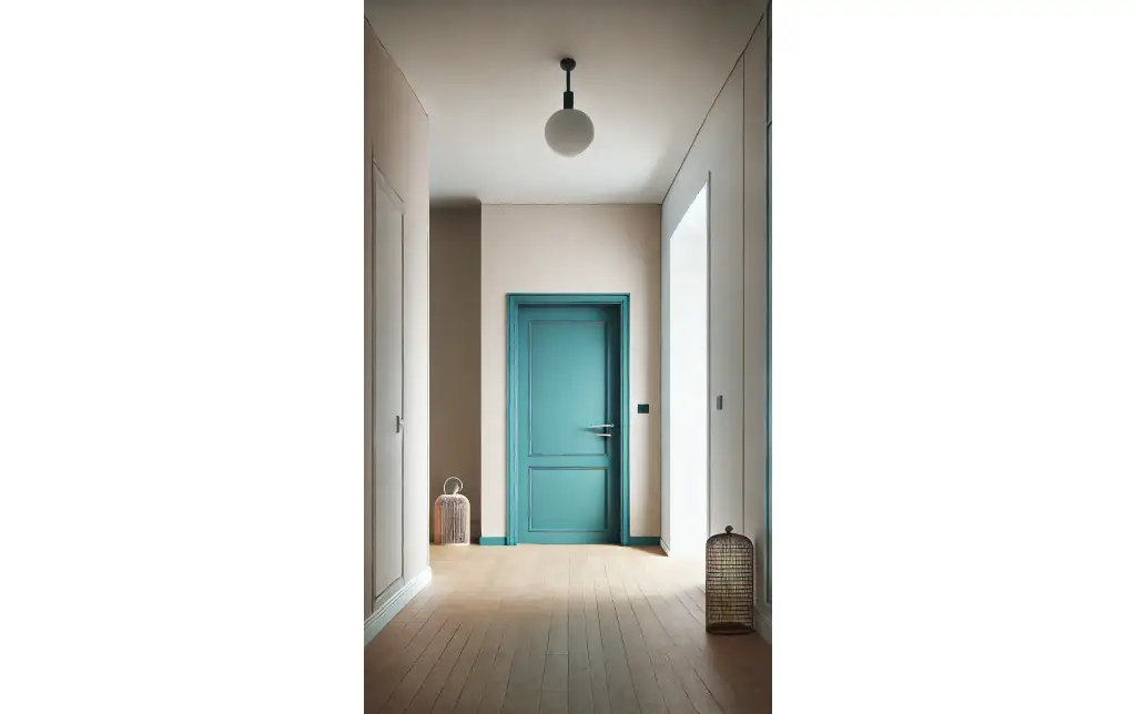 A hallway with a teal-painted door, standing out against light walls and adding a pop of color to a minimalistic space.