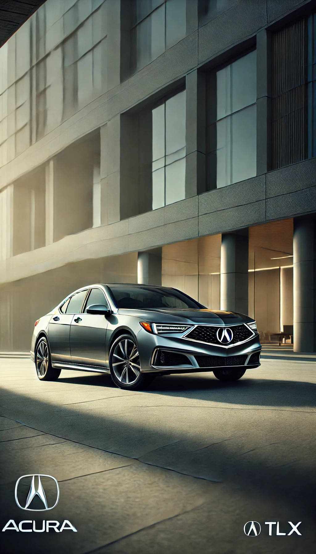 A sleek Acura TLX parked in front of a modern building, with its sophisticated design highlighted under soft, natural light. 