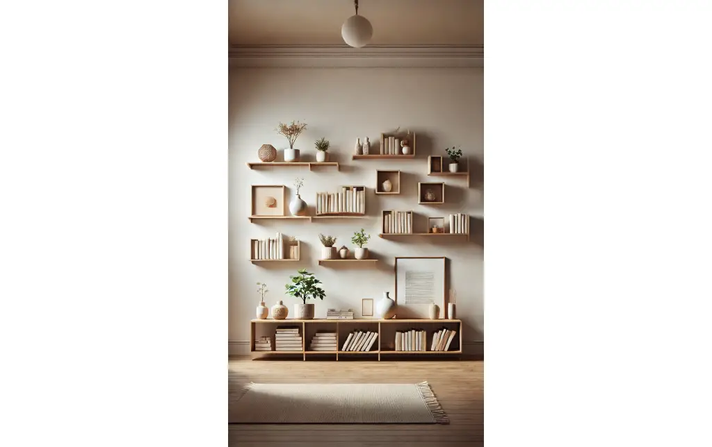 A wall with floating shelves holding books, plants, and decor items in a minimalist room, adding warmth and style.