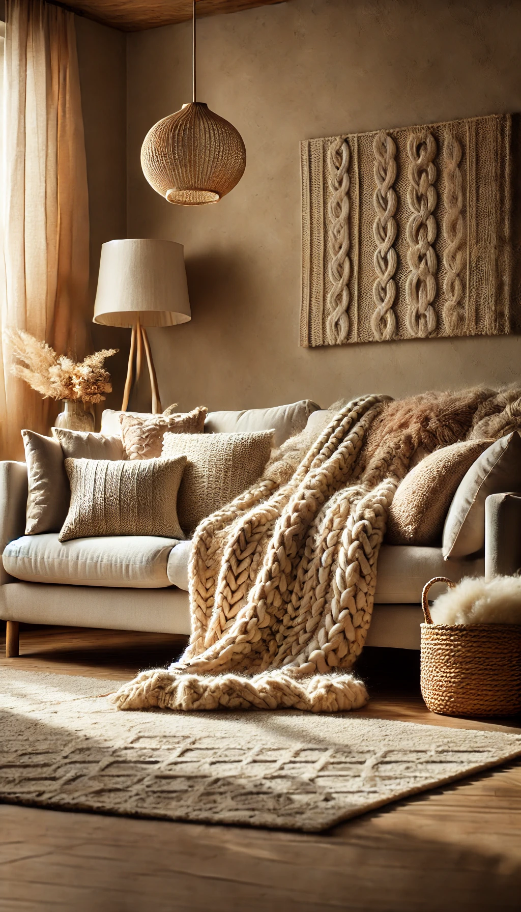 A living room with a soft knit blanket draped over a sofa, plush pillows, and a fluffy rug, creating a warm, textured look in natural light.