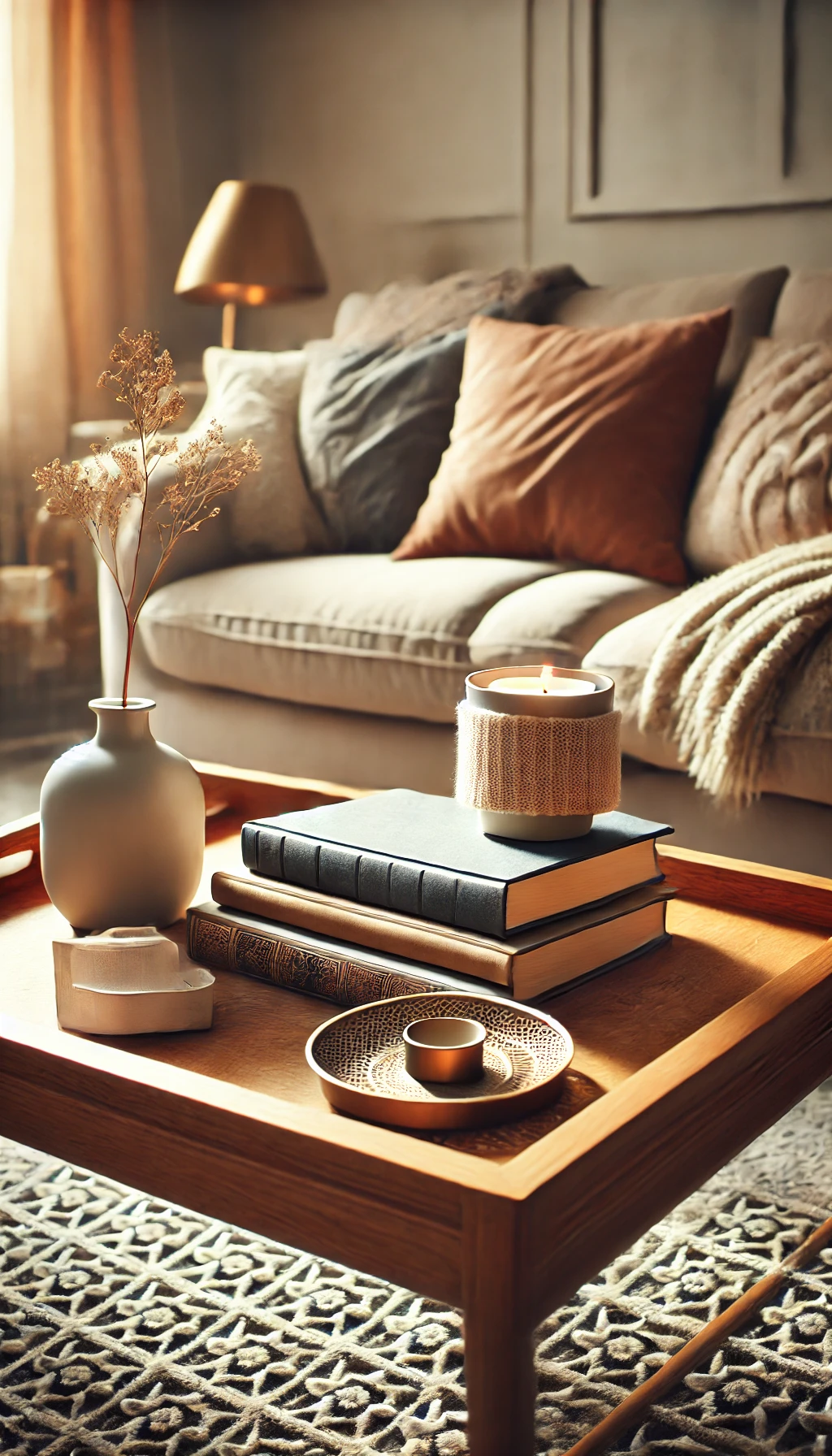 A coffee table styled with a stack of books, a scented candle, and a small decorative tray, creating a warm and welcoming focal point in the living room.