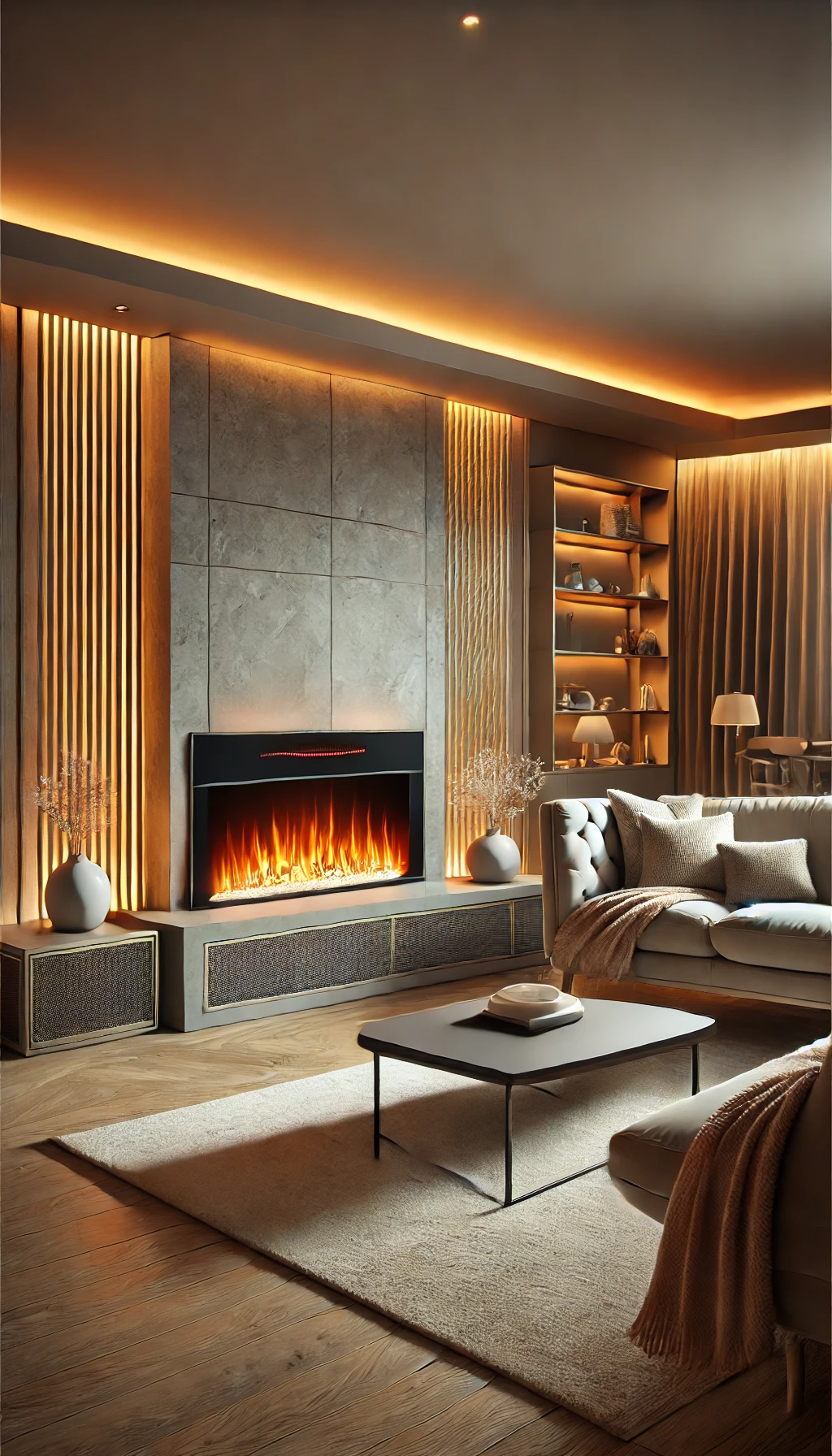 A living room with a modern electric fireplace, surrounded by comfortable seating, adding warmth and ambiance to the cozy space.