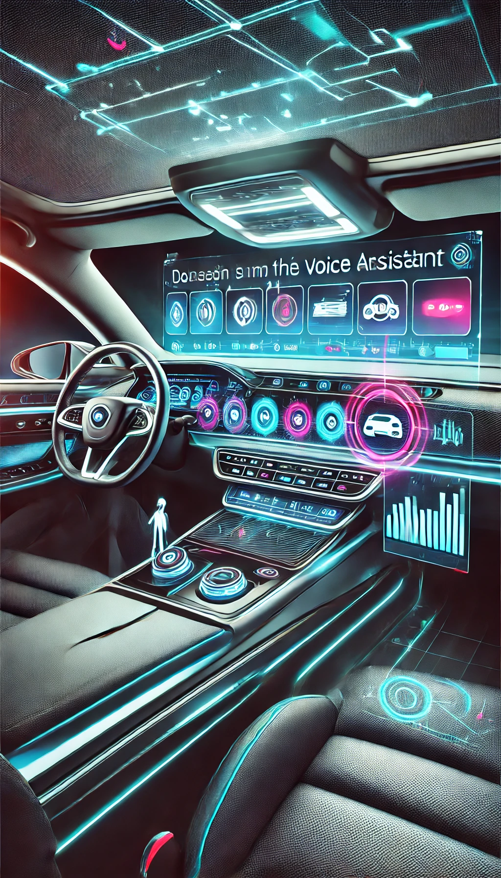 A futuristic car interior with a driver speaking to the car’s voice assistant, displaying the dashboard responding to commands in real-time.