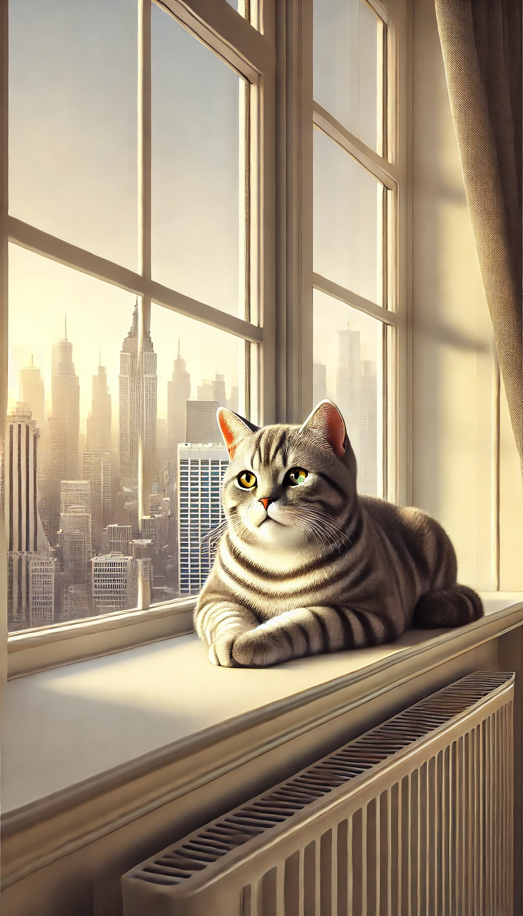 An American Shorthair lounging on a windowsill with a view of the city skyline, highlighting its calm and easygoing demeanor.