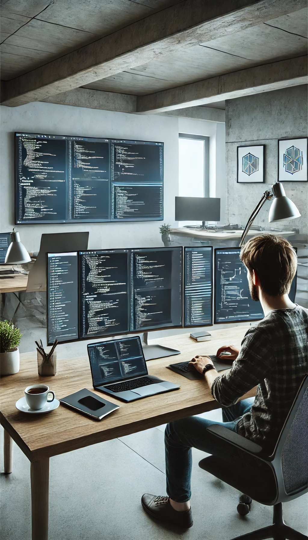 A coder working on app development on a sleek laptop, with multiple screens displaying code and app prototypes in a minimalist office.