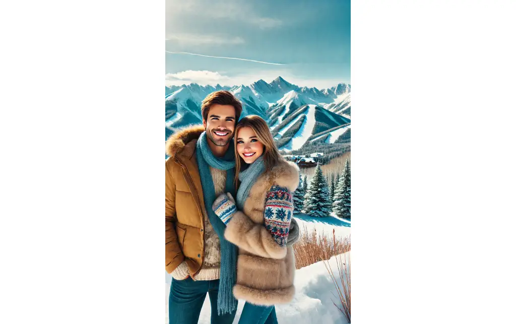 A couple standing by a snowy mountain view in Aspen, dressed warmly, smiling with scenic peaks in the background.