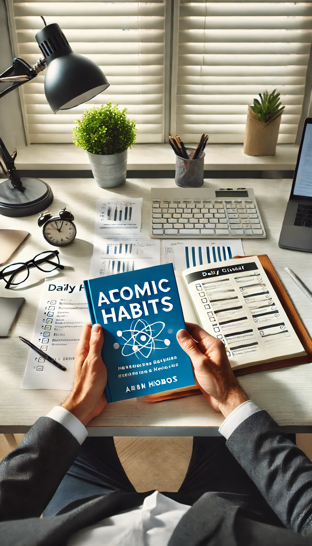 A business owner reading Atomic Habits at a minimalist desk, with a daily planner and checklist, emphasizing routine and productivity.