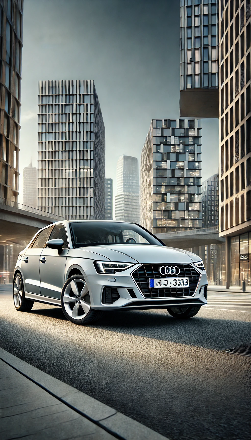 A compact Audi A3 parked on a city street, with modern buildings in the background, showcasing its urban-friendly and stylish design.