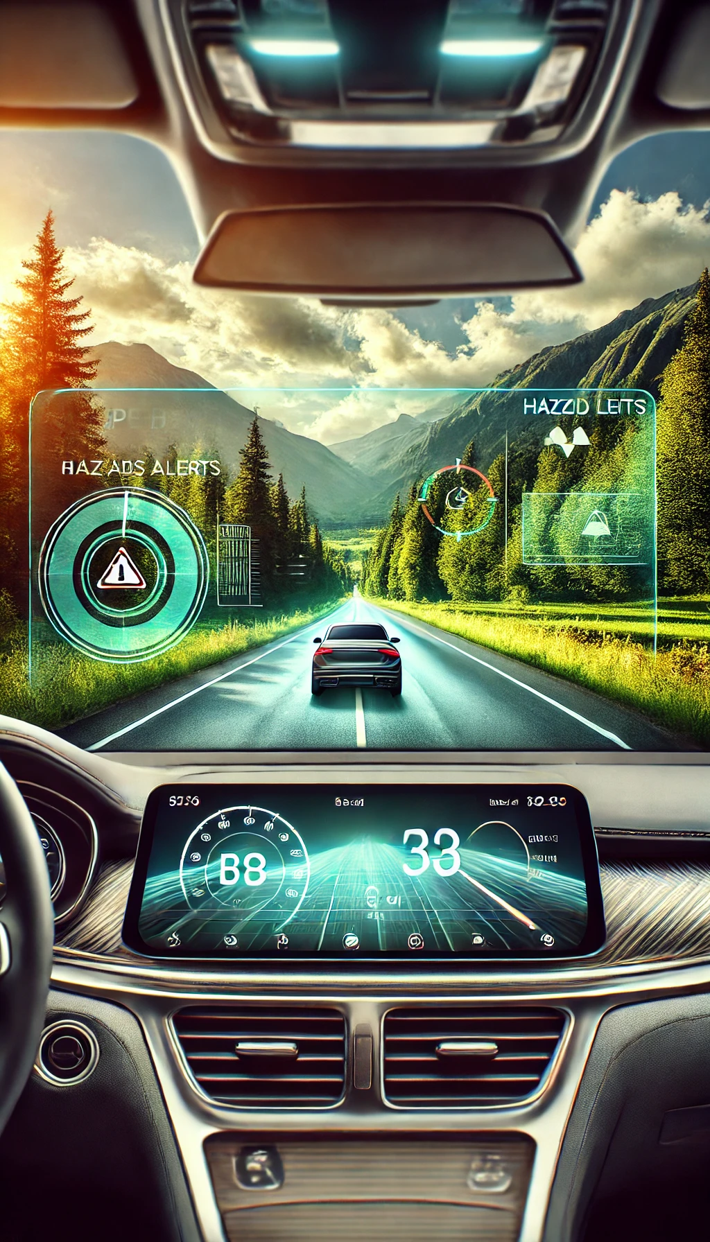 A luxury car windshield with an AR display showing navigation directions, speed, and hazard alerts overlaying a scenic road ahead.