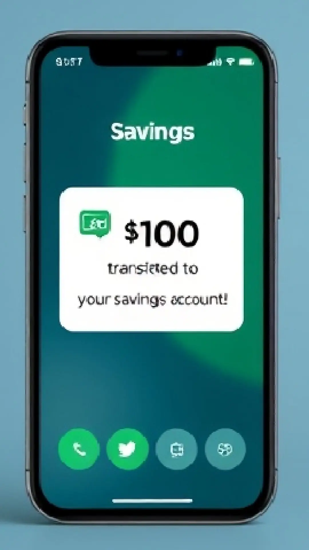 A smartphone screen showing a savings app with a cheerful notification: “$100 transferred to your savings account this month!”