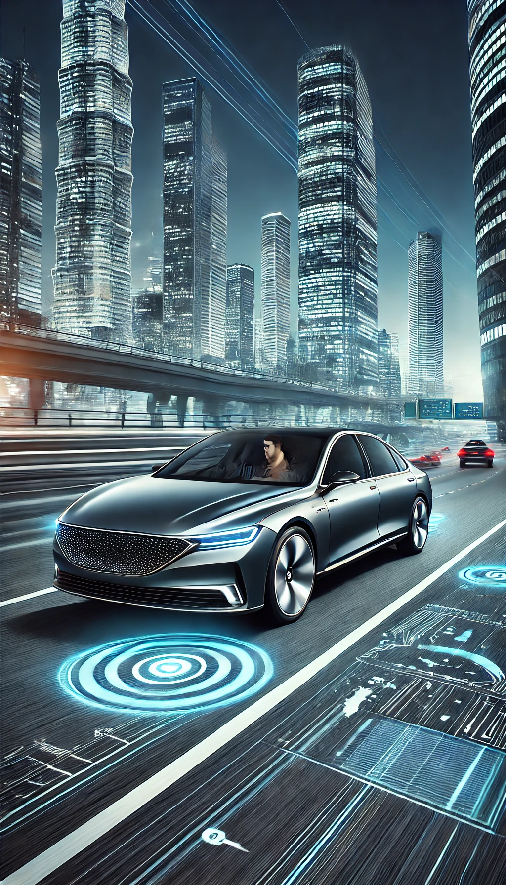 A sleek luxury car cruising on a highway, with the driver relaxed and hands off the wheel, showcasing the advanced autonomous driving capabilities.