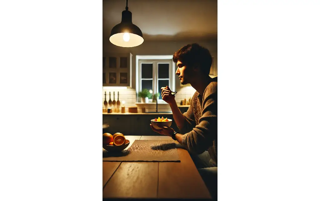 A person enjoying a light snack, like a small bowl of fruit, in a cozy kitchen, with the main lights dimmed for a peaceful evening setting.