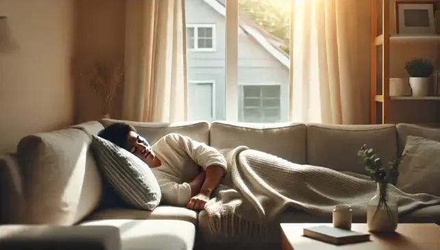 A person taking a quick nap on a couch with a light blanket, with soft daylight filtering in, showing a short, refreshing rest.