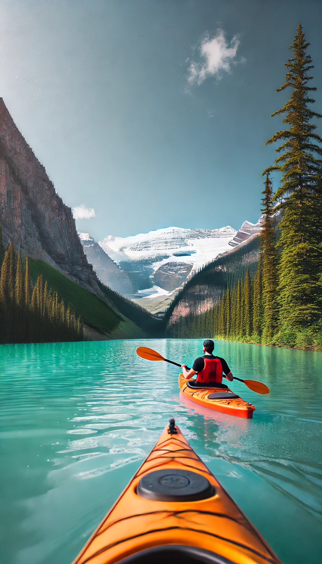 A kayaker paddling on the turquoise waters of Lake Louise, surrounded by snow-capped peaks and dense evergreen forests. 