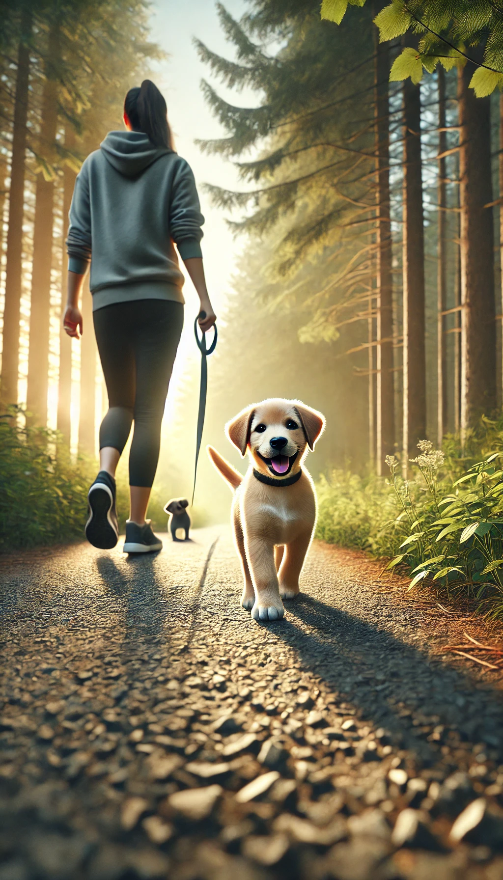 A puppy on a leash walking alongside its owner on a quiet trail, with trees and soft sunlight in the background.