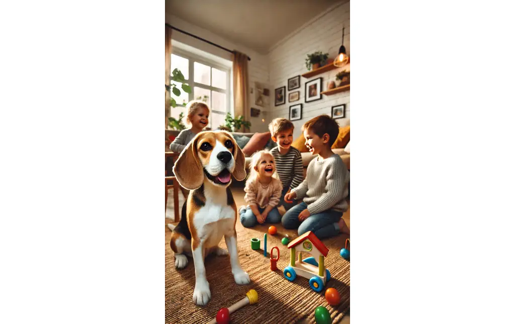 A Beagle playing with children in a living room, looking curious and engaged, with a cheerful, cozy family setting in the background.