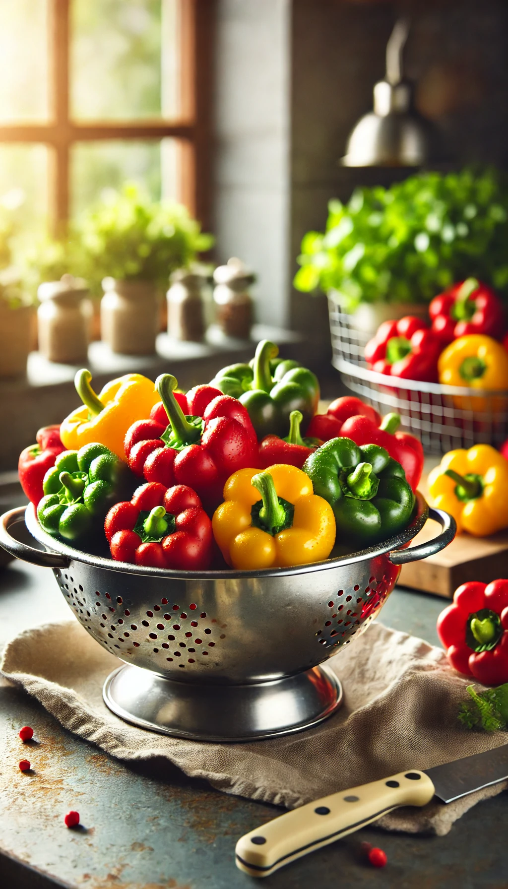 A colorful assortment of red, yellow, and green bell peppers, freshly washed and displayed in a colander on a kitchen countertop.