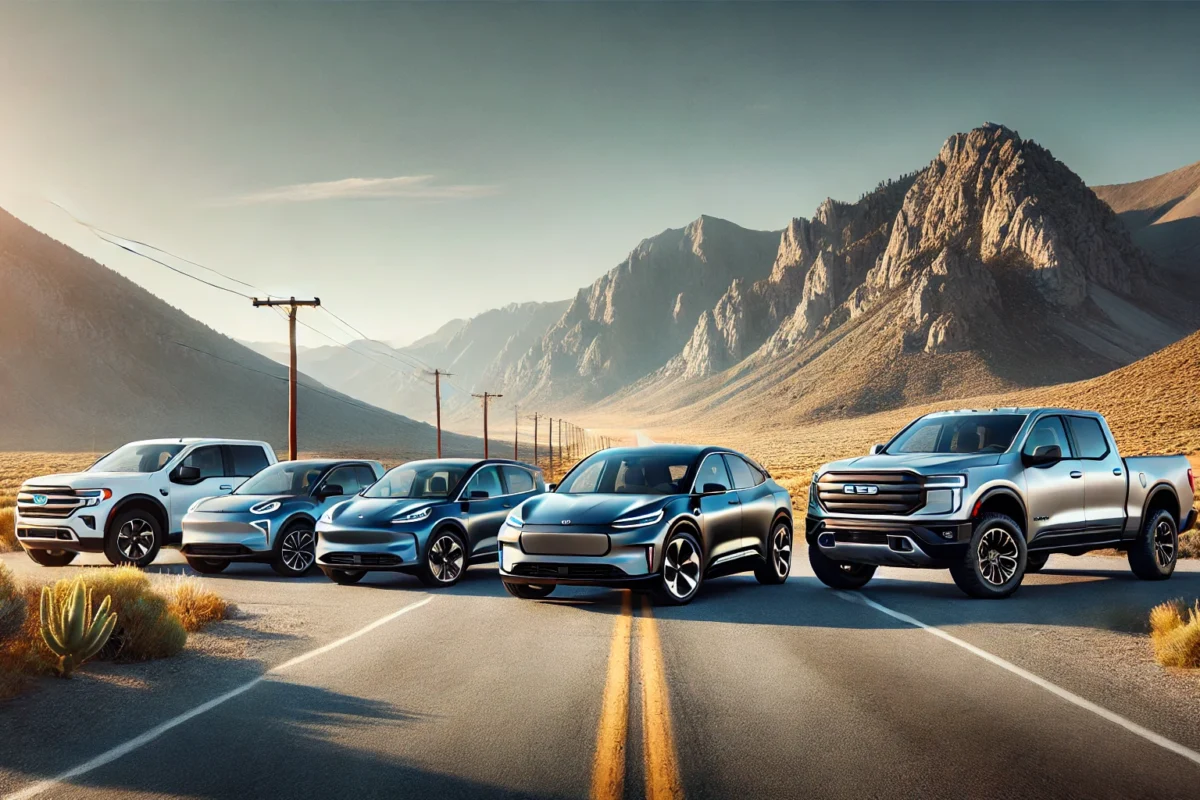 A lineup of modern electric vehicles parked in a scenic setting, such as along a mountain road or near a charging station with a clear blue sky. The lineup includes a variety of EV types, like a sleek sedan, a compact SUV, and a rugged electric truck, showcasing the range of options available in the electric vehicle market. Soft natural lighting highlights the vehicles' designs, symbolizing innovation and eco-friendliness