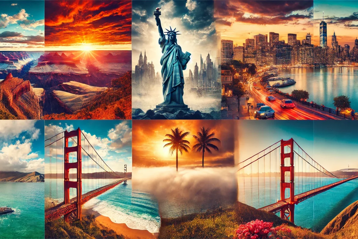 A scenic collage showcasing diverse USA landmarks: the Grand Canyon at sunset, New York City's skyline with the Statue of Liberty, a tropical beach in Maui, and the Golden Gate Bridge in San Francisco. Each section of the image highlights a unique travel destination, representing the varied landscapes and iconic spots across the United States