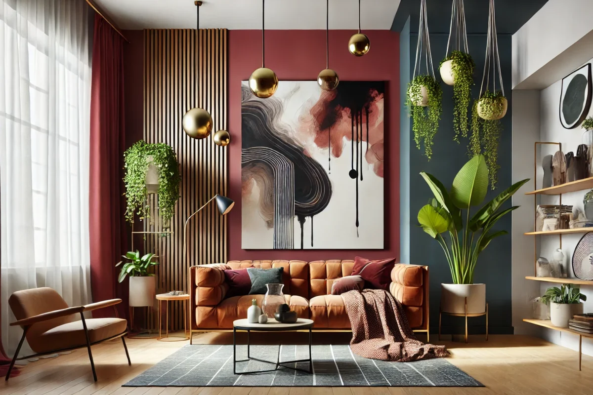 A stylish and unexpected living room setup with a bold accent wall, hanging plants, and an oversized artwork as the focal point, creating a modern and inviting atmosphere.