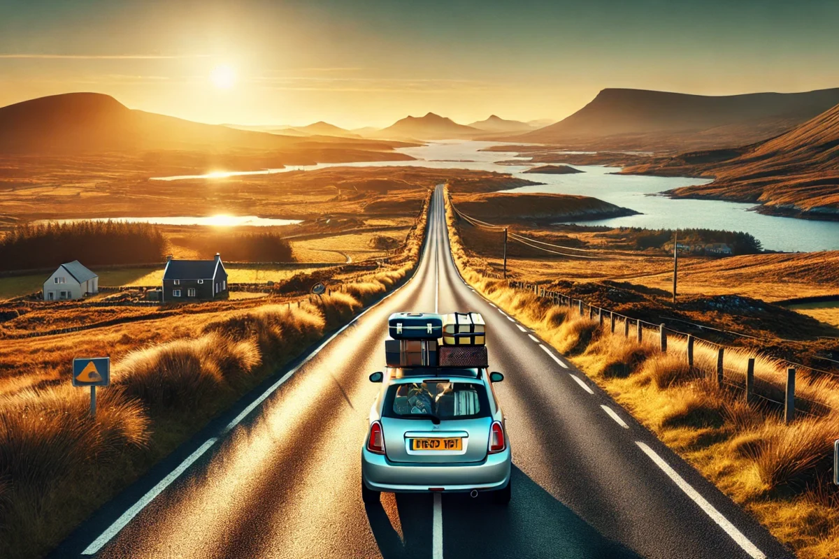 A car packed with travel essentials driving down a scenic two-lane road surrounded by beautiful landscapes—think rolling hills, mountains, or coastline. The road stretches out ahead under a bright blue sky, with golden-hour lighting creating a warm, inviting atmosphere perfect for a weekend escape.