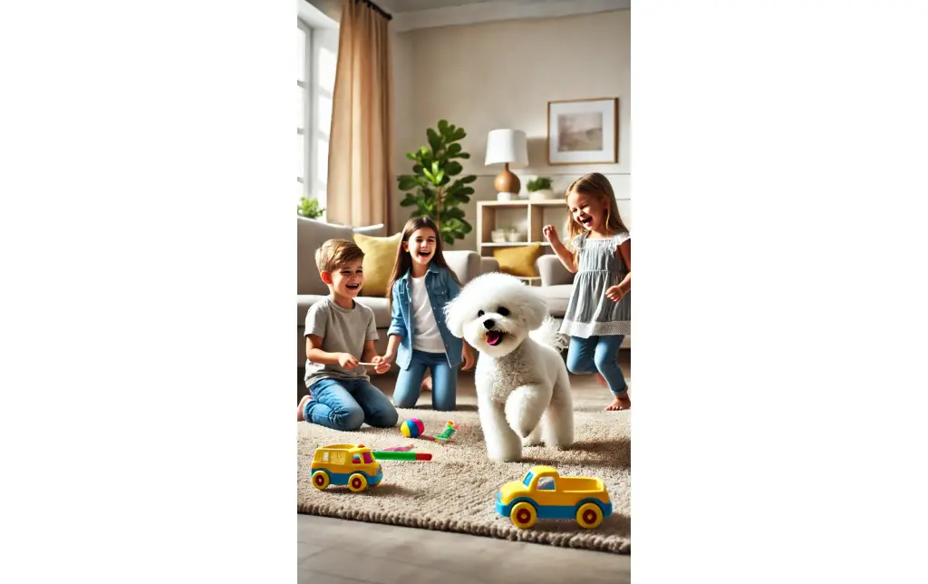 A Bichon Frise playing with kids in a living room, looking happy and cheerful, with a light-hearted, family-friendly home setting.