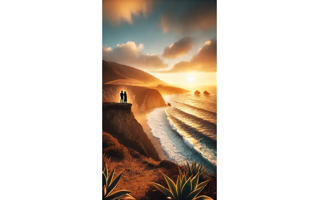 A couple standing on a cliff in Big Sur, overlooking the Pacific Ocean, with waves crashing below and golden sunset light illuminating the scene.