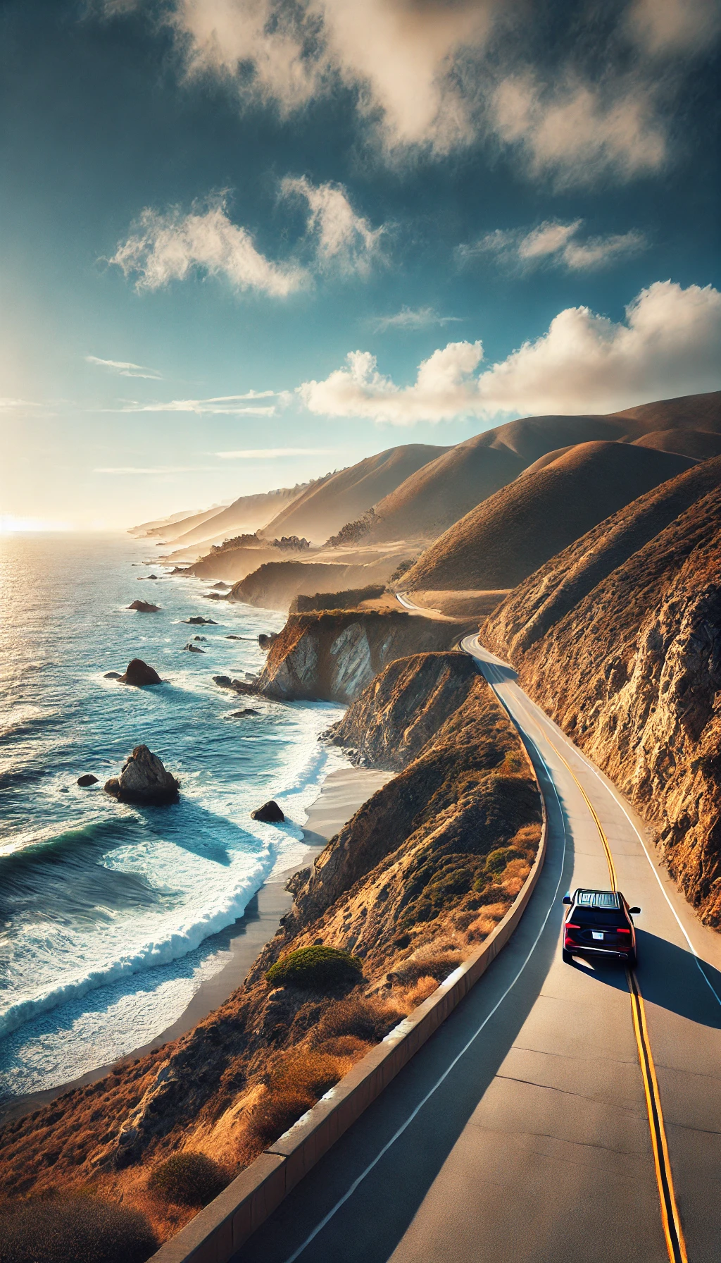 A car driving along a cliffside road in Big Sur, with the Pacific Ocean and rocky coastline stretching out in the background under a clear sky.