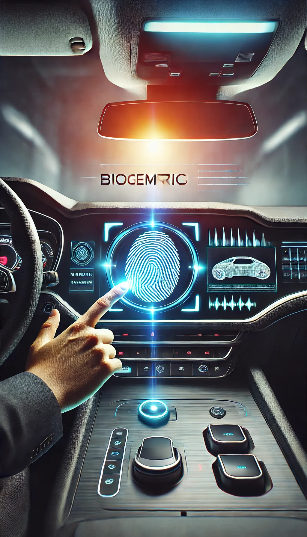 A car dashboard with a fingerprint scanner glowing, and a driver placing their finger to start the car, showcasing advanced biometric features.