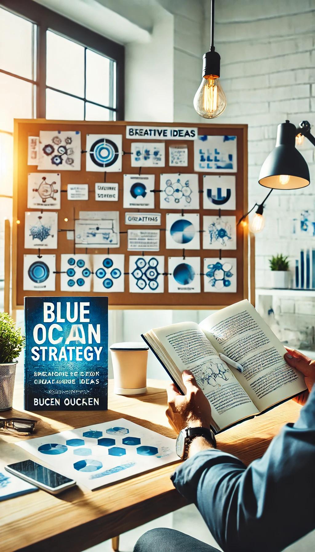 A person reading Blue Ocean Strategy with a brainstorming setup on a whiteboard or notepad, exploring creative ideas.