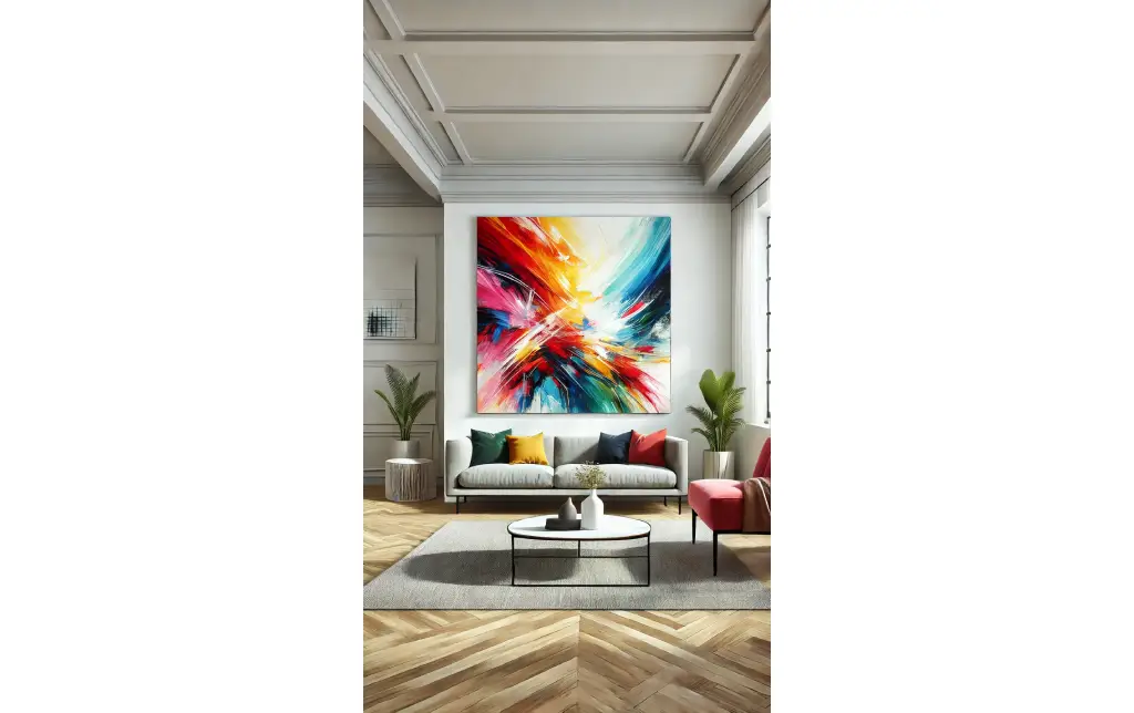 A large, colorful abstract painting hanging on a white wall in a minimalist living room, creating a bold visual impact.