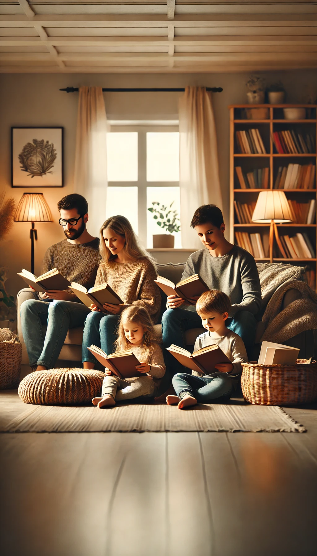 A family sitting together in a cozy reading nook or living room, each with a book, sharing a quiet and engaging reading moment together.