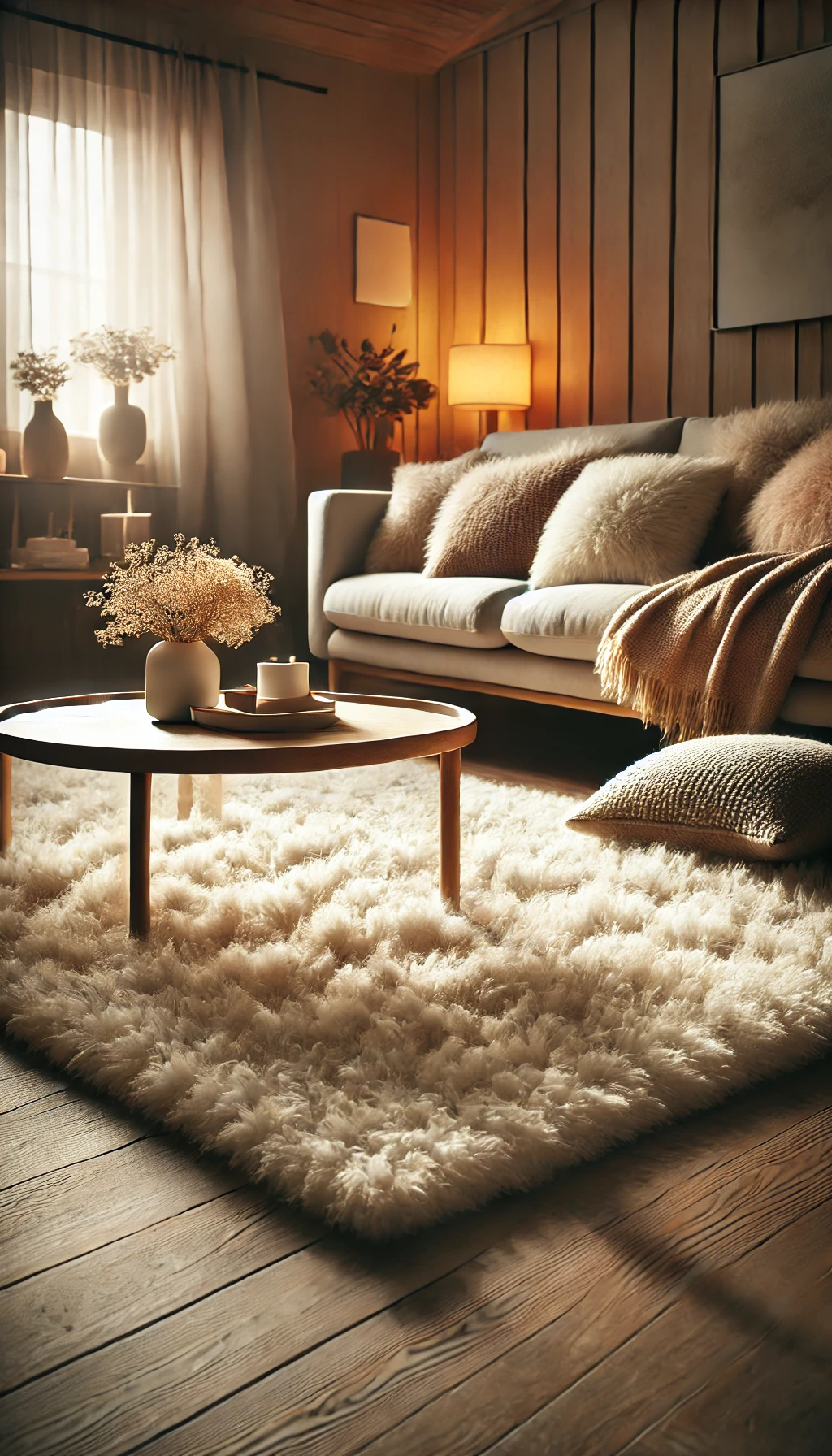 A living room with a high-pile, fluffy area rug under a coffee table, with soft lighting highlighting the cozy textures.