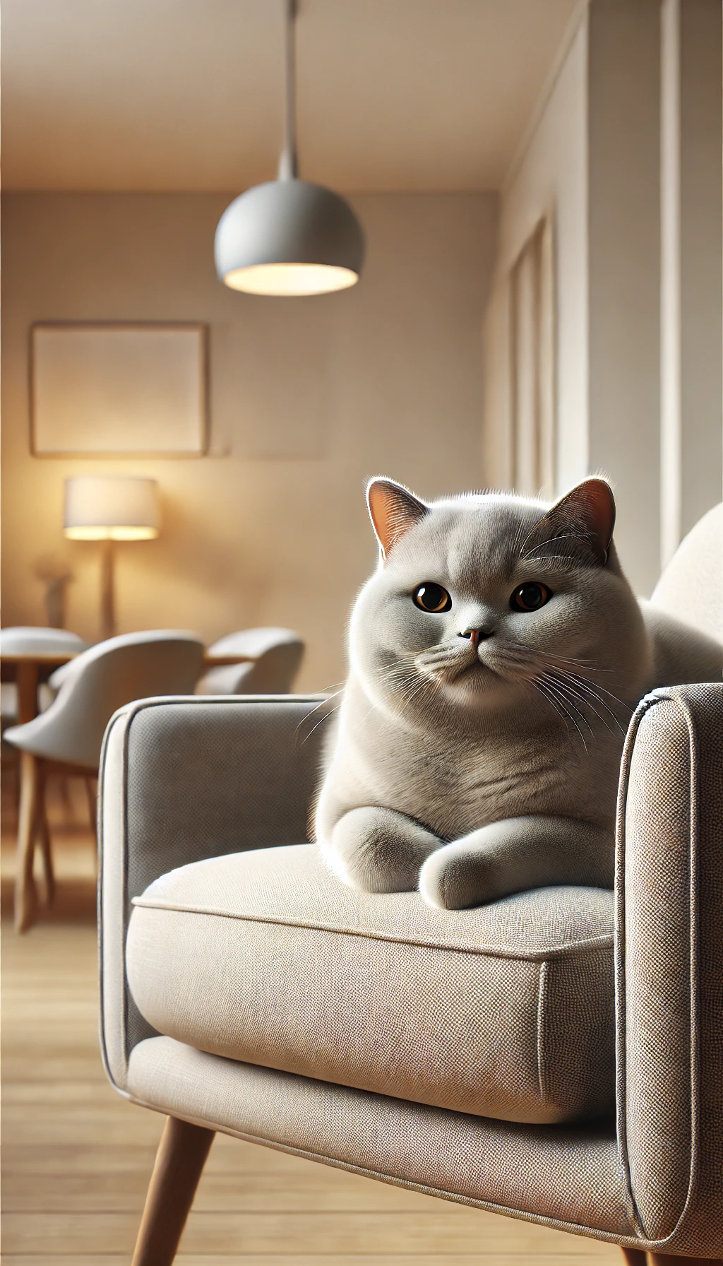 A British Shorthair relaxing on a modern armchair, with a soft, neutral-colored apartment backdrop, showcasing its round face and plush fur.