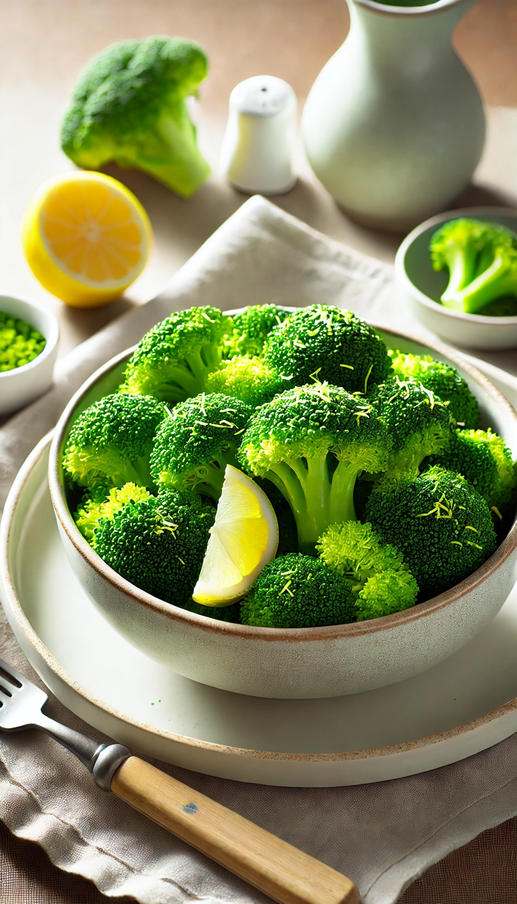 A bowl of bright green steamed broccoli florets, served on a dining table with a sprinkle of lemon zest for garnish.