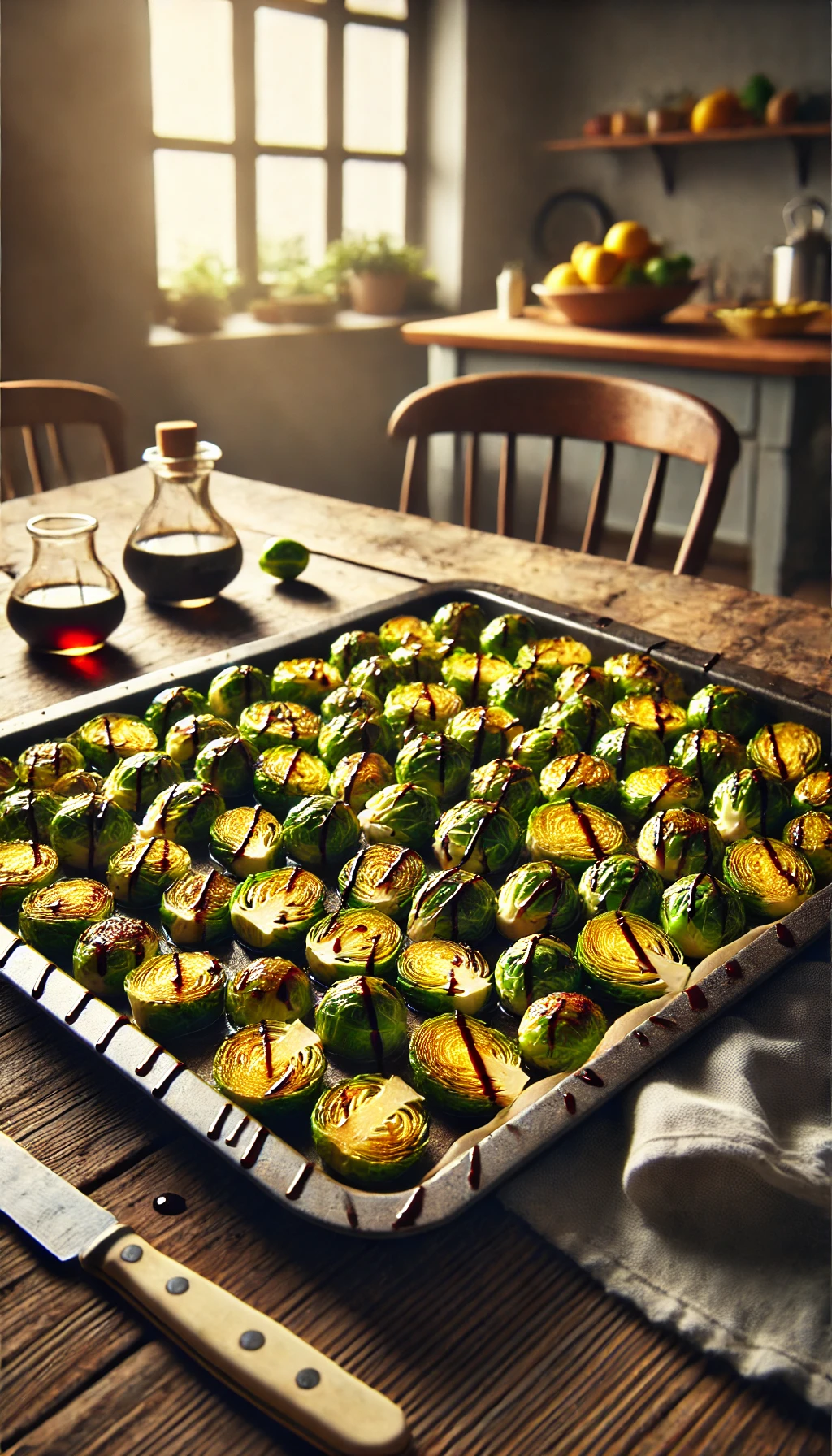 A baking sheet of golden, roasted Brussels sprouts, topped with a drizzle of balsamic glaze, on a rustic wooden dining table.