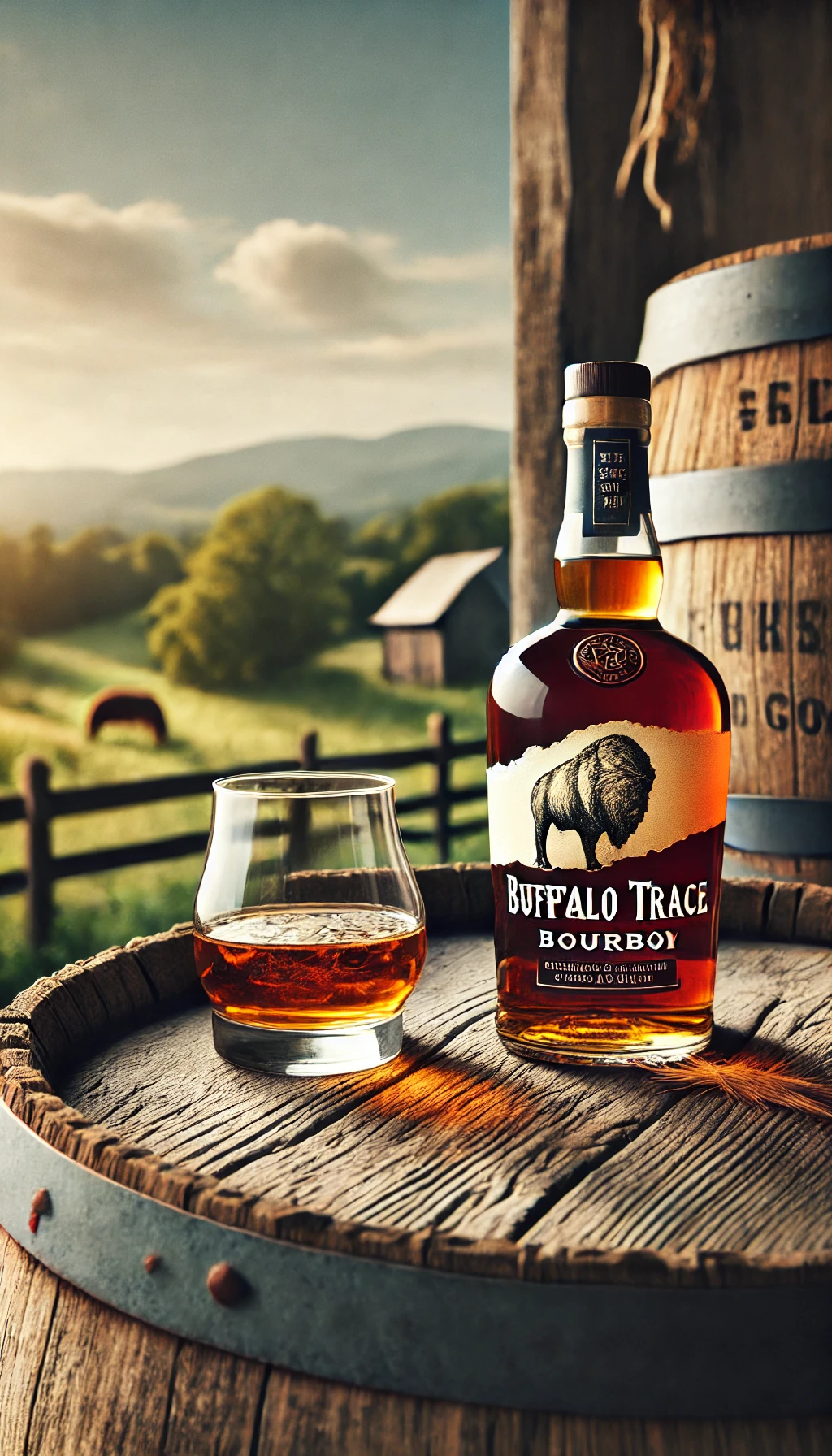 A bottle of Buffalo Trace Bourbon with a glass of whiskey on a weathered wooden barrel, with a backdrop of rustic Kentucky scenery.