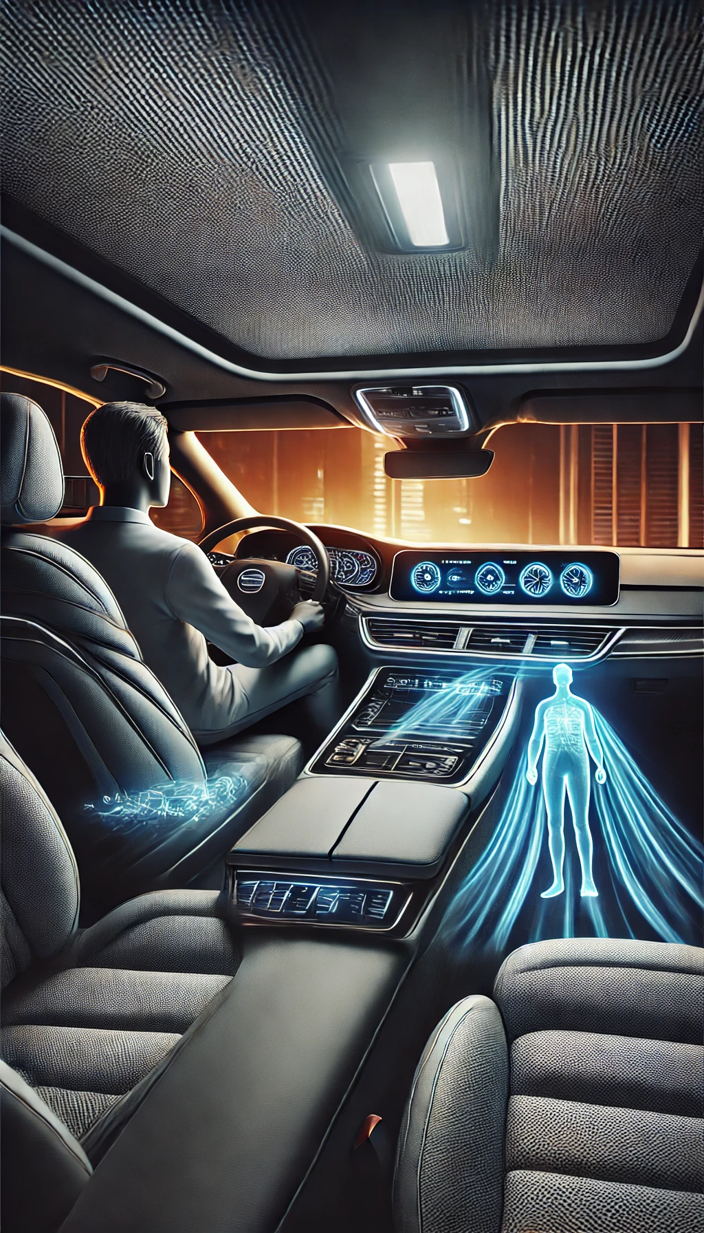 A luxury car interior with a glowing air purification system indicator, showing a serene passenger enjoying the clean air in a sleek, modern cabin.