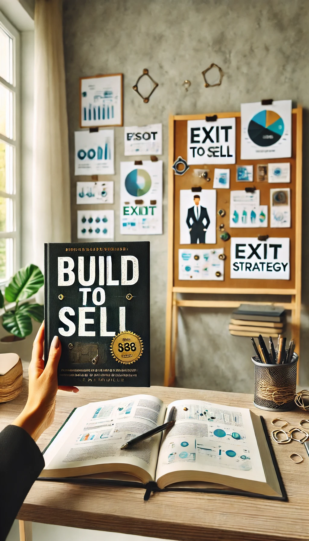 A reader with Built to Sell in hand, with a vision board or exit strategy notes visible in the background.