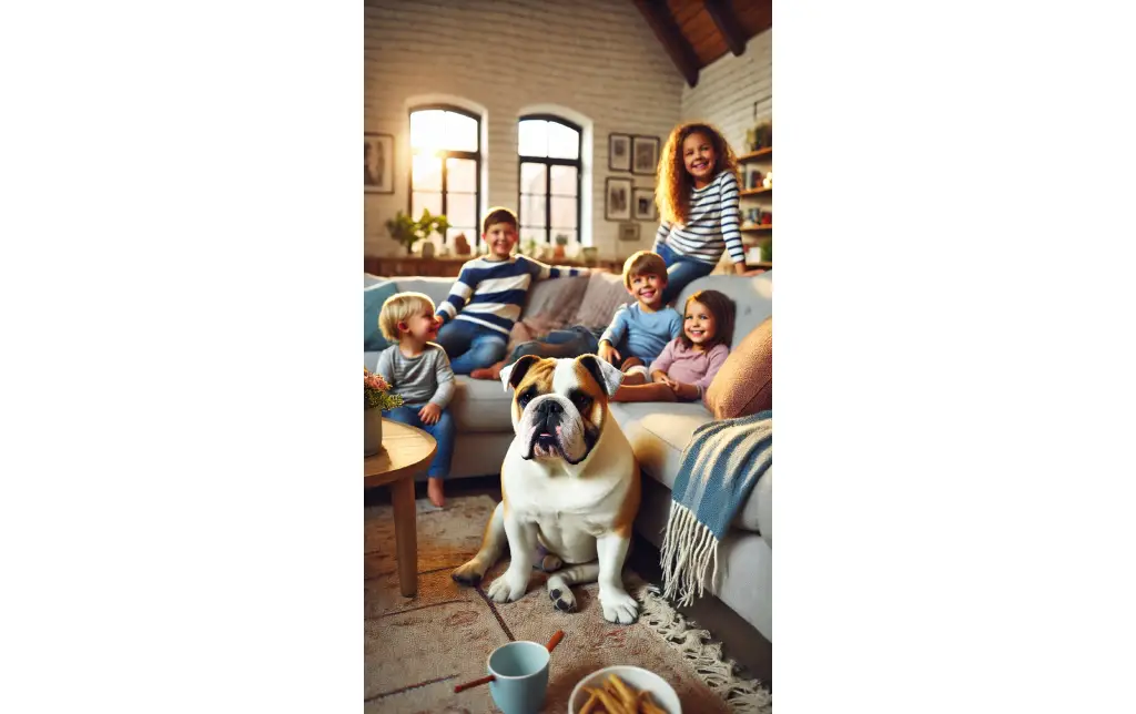 A Bulldog sitting on a couch with kids around, looking calm and content, in a cozy family living room setting.