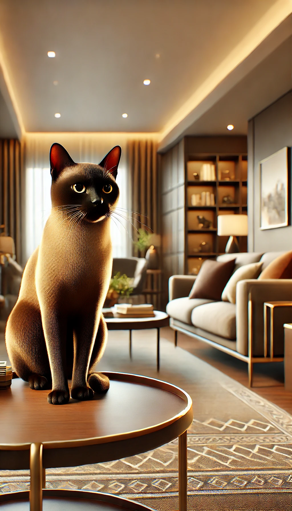 A Burmese cat sitting on a coffee table, looking curious and sleek, with its glossy coat reflecting the apartment’s warm lighting.