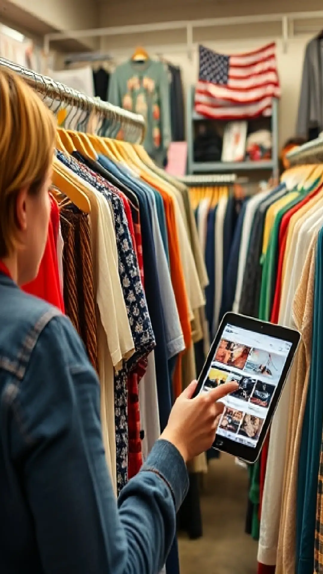 A person browsing a well-organized thrift store rack or an online marketplace on a tablet, with affordable and stylish finds in focus.