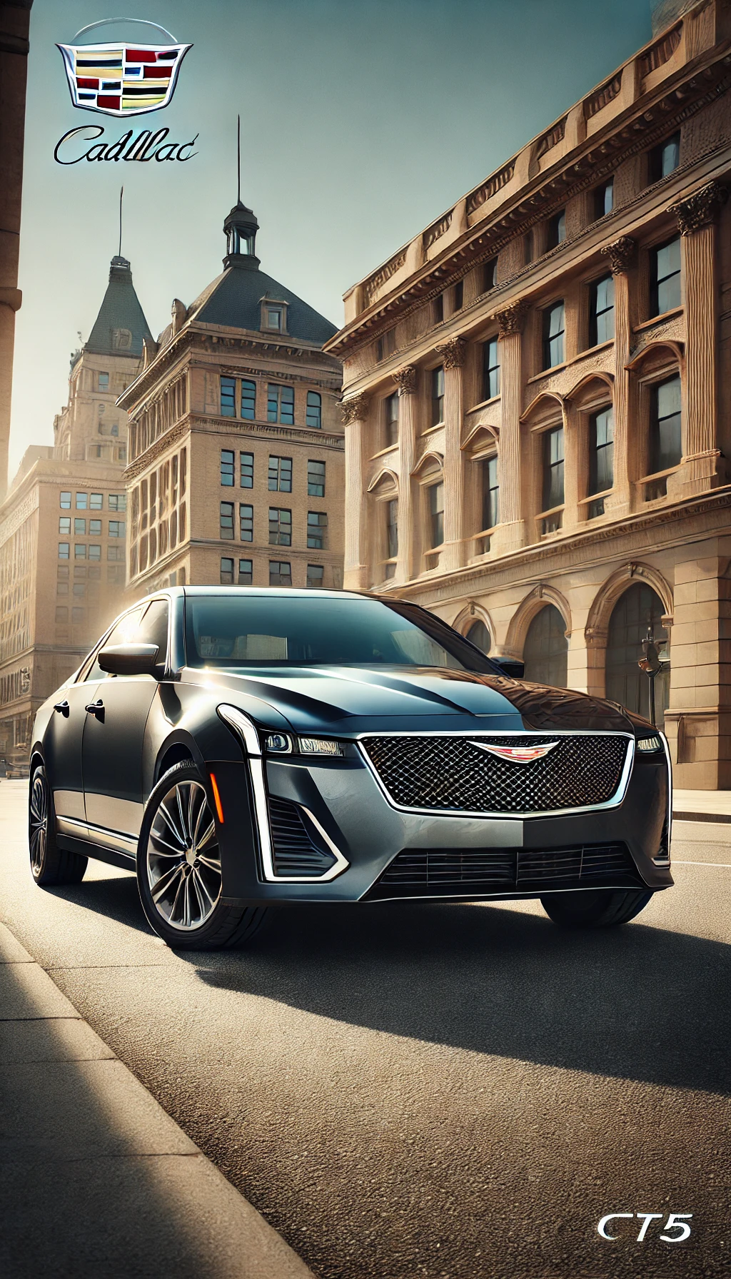 A Cadillac CT5 parked on a sunny day in front of a historic building, showcasing its classic and bold design.