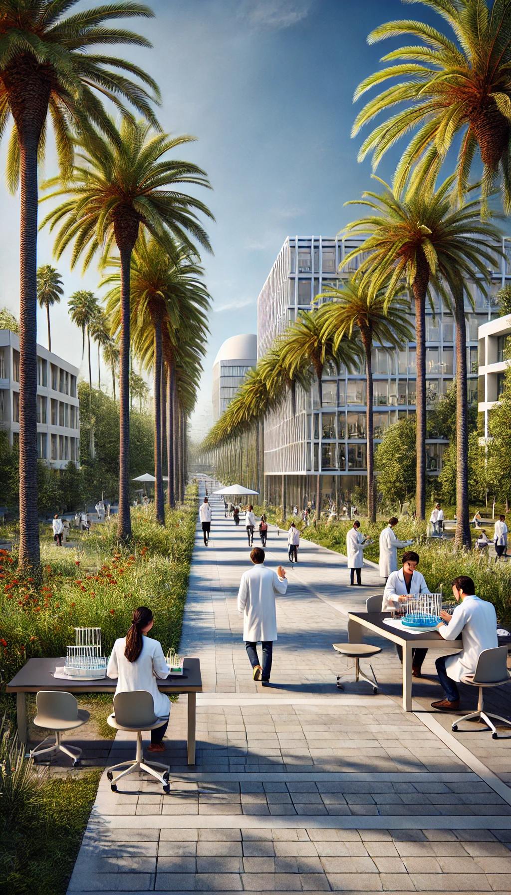 Caltech’s palm-tree-lined pathways and modern scientific labs, with students in white coats engaged in research or discussion.