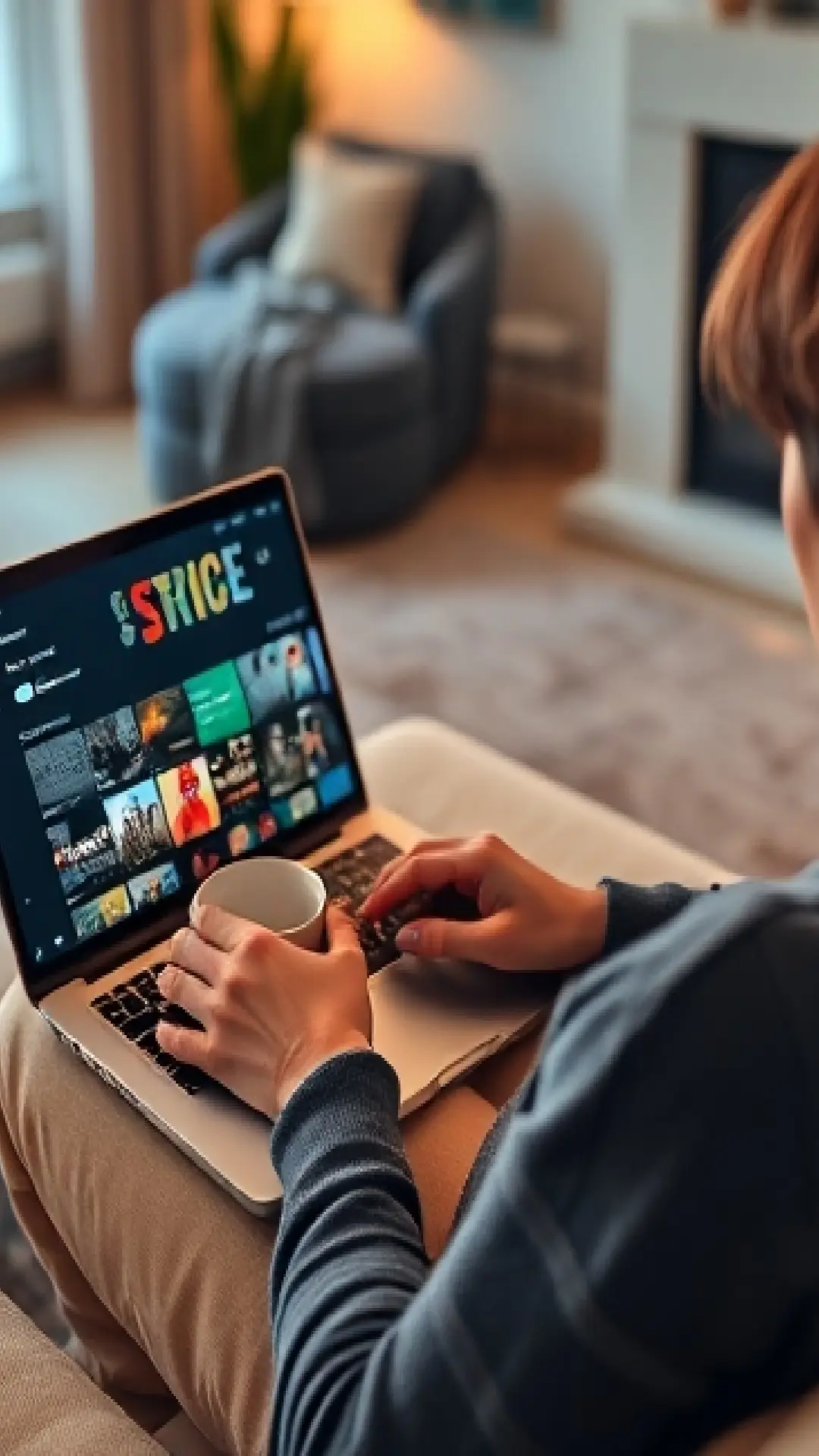 A person sitting on a couch with their laptop, reviewing subscription services on the screen, while holding a coffee mug in a cozy living room.