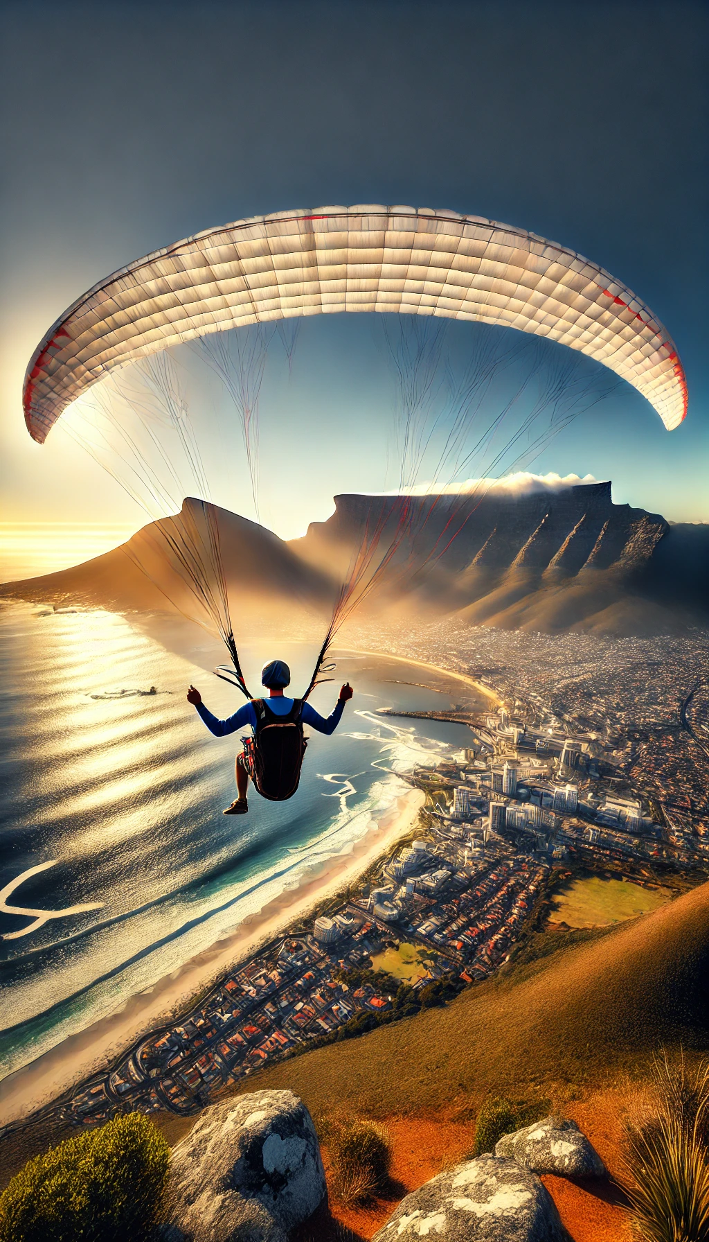 A person paragliding over Cape Town with Table Mountain and the shimmering ocean in the background, showcasing the city’s natural beauty.