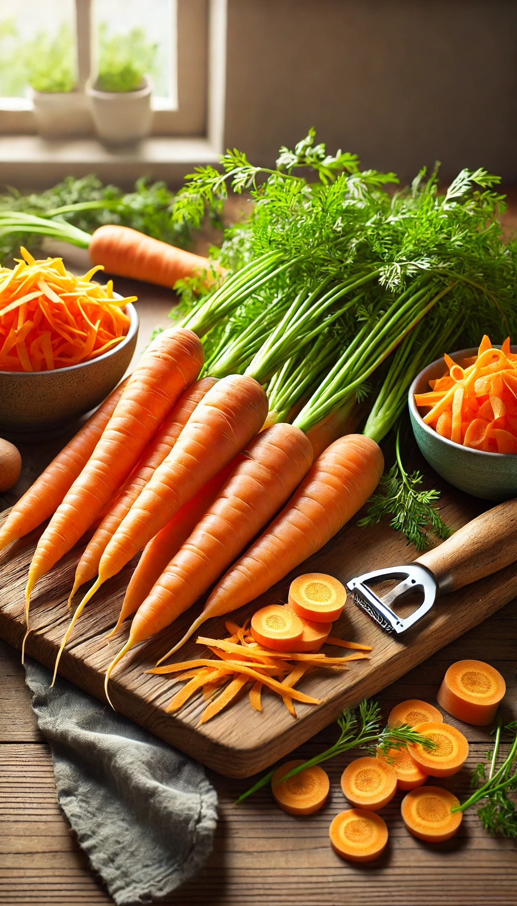 Fresh orange carrots with their green tops still attached, arranged on a cutting board next to a peeler and a bowl of chopped carrots.