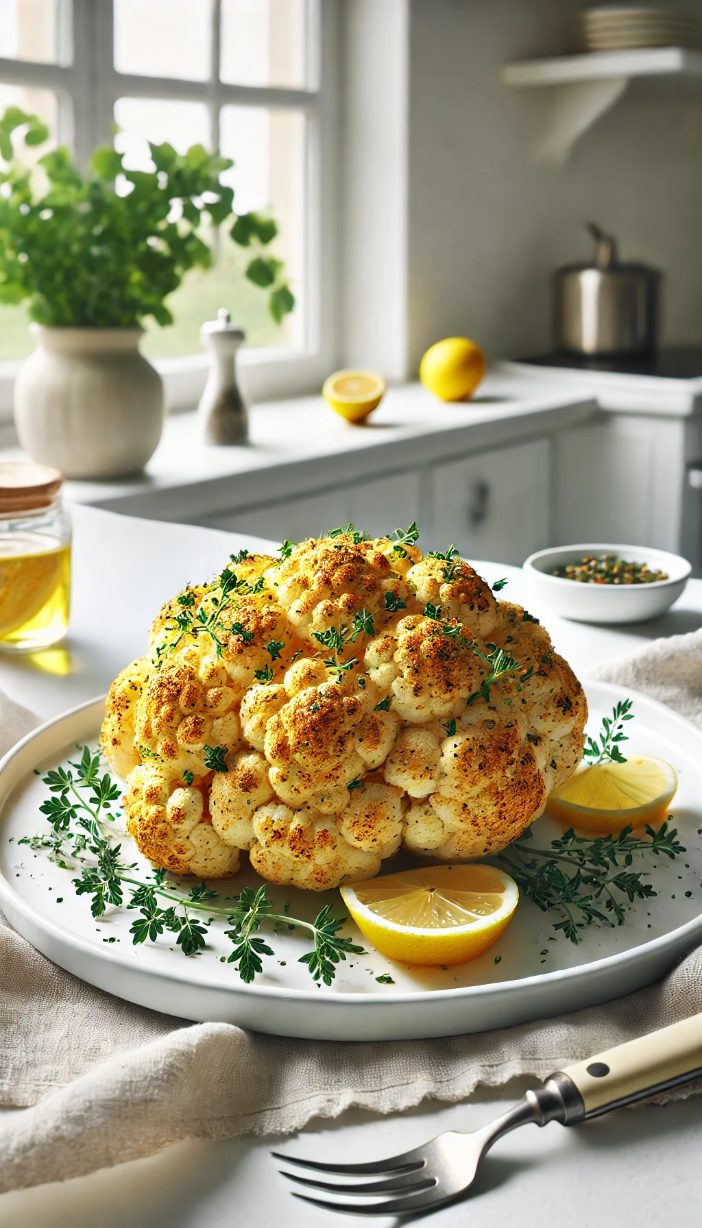 A roasted cauliflower head garnished with herbs and lemon slices, served on a white platter in a bright, airy kitchen.